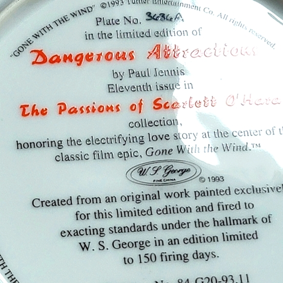 Rare W. S. George Gone With The Wind Collectable Plate 1993 Limited Edition - Picture 3 of 6